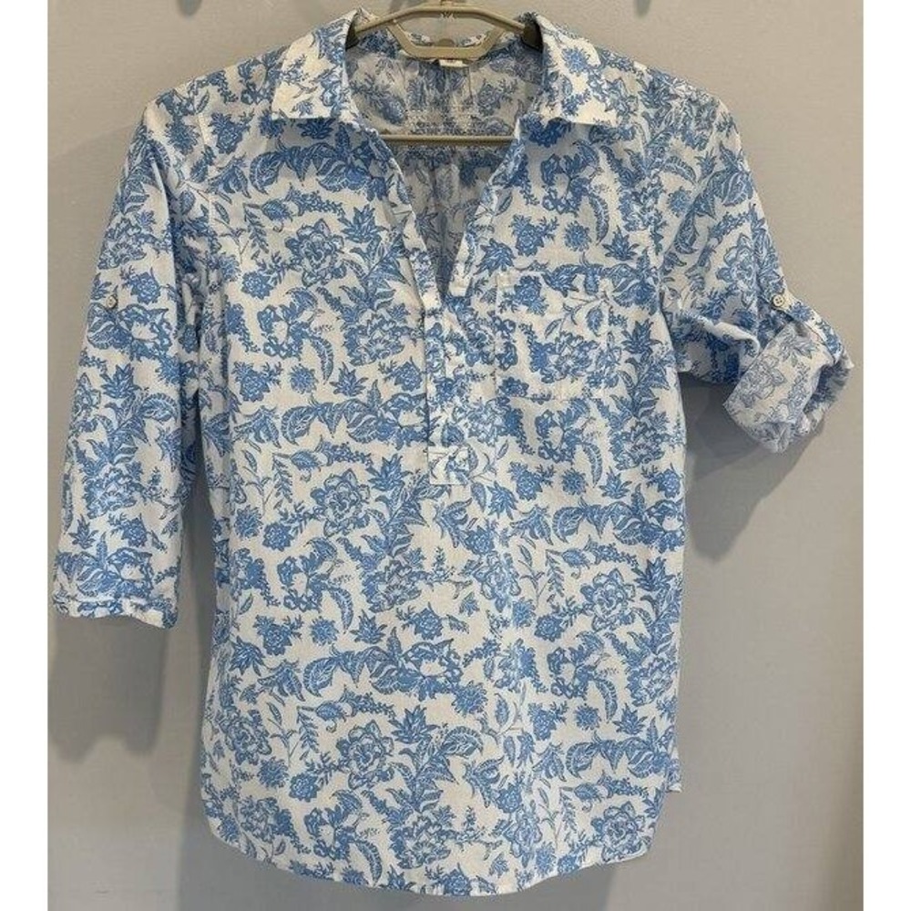 LL Bean Popover 100% Cotton M White Blue Print 3/4 Roll Tab Sleeve Pocket Shirt